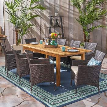 Nadia 9pc Wood & Wicker Expandable Dining Set - Natural/Brown/Beige - Christopher Knight Home