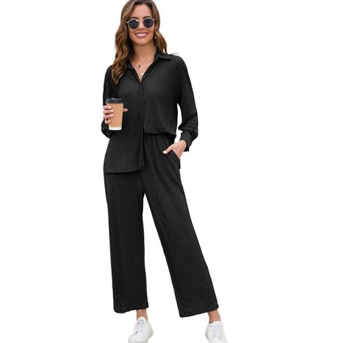 Women Two Piece Casual Outfits Y2K Loungewear Pleated Wide Leg Pants Long Sleeve Button Down Shirt Streetwear Set - image 1 of 4