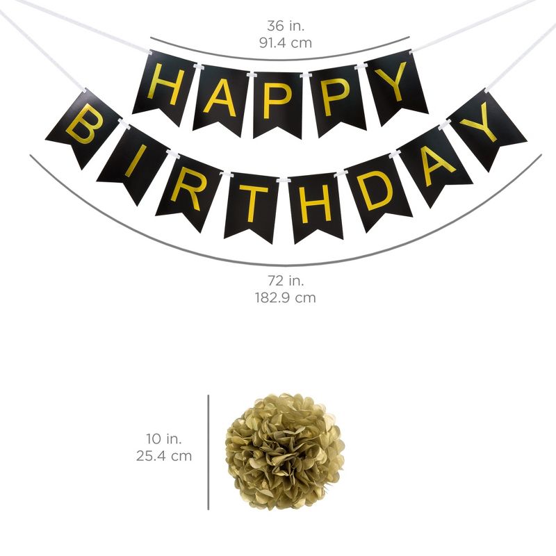 Best Choice Products Birthday Party Balloon Decor Set w/ Happy Birthday Banner, 6 Pom-Poms, 20 Balloons - Gold/Black, 5 of 6