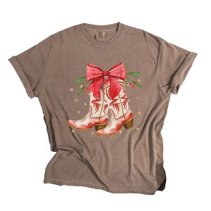 Simply Sage Market Women's Coquette Cowgirl Christmas Boots Short Sleeve Garment Dyed Tee - 1 of 4