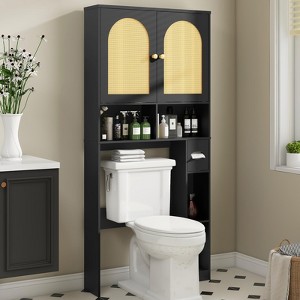 Rattan Over The Toilet Storage Cabinet with 2 Doors & Toilet Paper Holder Stand, Black - 1 of 4