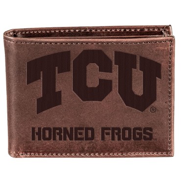 Evergreen NCAA TCU Horned Frogs Brown Leather Bifold Wallet Officially Licensed with Gift Box