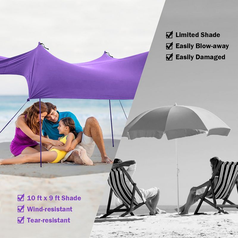 Costway Family Beach Tent Canopy w/4 Poles Sandbag Anchors 10'x9' UPF50+ Purple/Green/Blue, 3 of 7