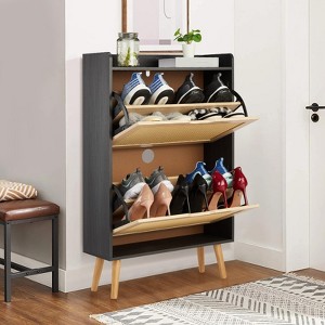 Shoe Cabinet with 2 Flip Drawers, Narrow 9.25-Inch Depth Storage Organizer with Woven Rattan Doors for Entryway, Hallway, Closet, or Porch - 1 of 4