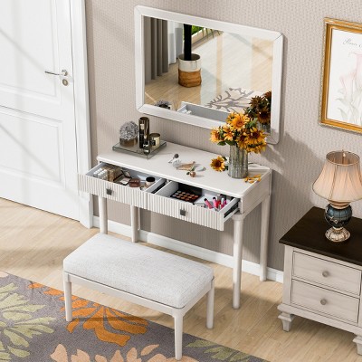 FURNIinspire Vanity Tables Modern Dressing Table Makeup Vanity Desk Set with Stool, Large Drawer Storage for Bedroom, White, 38.4"*16"*29.5"