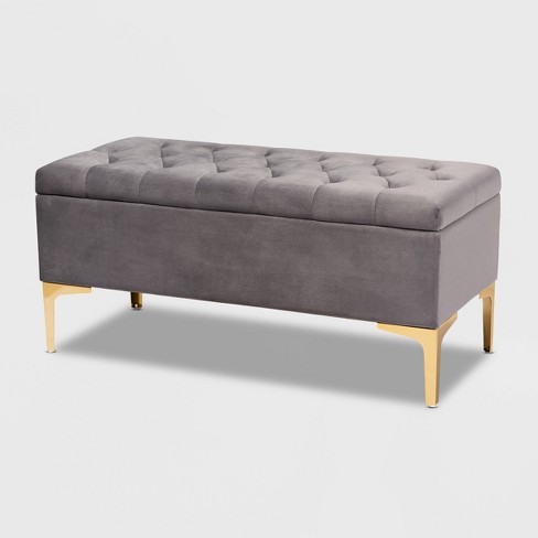 Valere Velvet Upholstered Button Tufted Storage Ottoman Gray gold