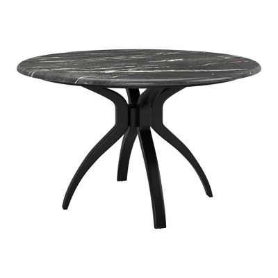HomeRoots 50" Black Faux Marble and Steel Pedestal Base Round Top Dining Table