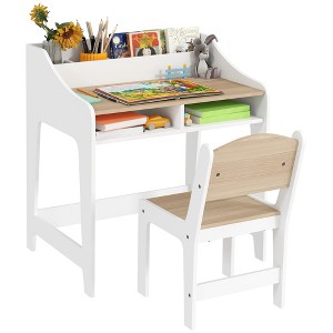 Qaba Kids Desk and Chair Set, Children Study Table with Storage Shelves, Student Writing Desk for Bedroom & Study Room, 3-8 Years Old - 1 of 4