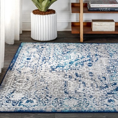 Navy and Light Grey Synthetic Medallion 4' x 6' Area Rug