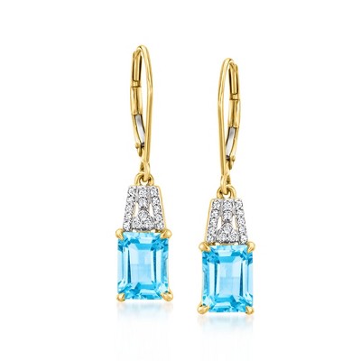 Ross-Simons 3.30 ct. t.w. Swiss Blue Topaz and .10 ct. t.w. Diamond Drop Earrings in 18kt Yellow Gold