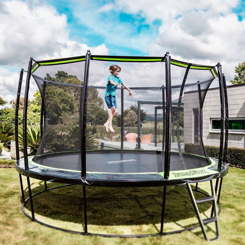 JumpFlex HERO 14' Round Trampoline for Kids Outdoor Backyard Play Equipment Playset with Net Safety Enclosure & Ladder, 550LB Capacity, Green/Black, 5 of 7