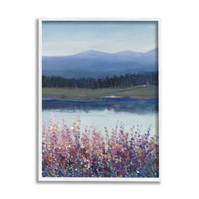 Stupell Industries Lilacs By Lake Mountain Landscape Framed Giclee