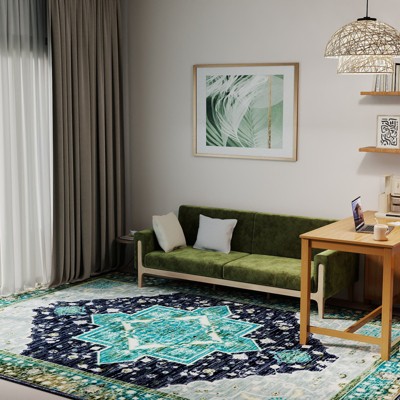 5x7ft Vintage Floral Washable Area Rug, Non-Slip Low Pile Polyester Carpet for Living Room & Bedroom