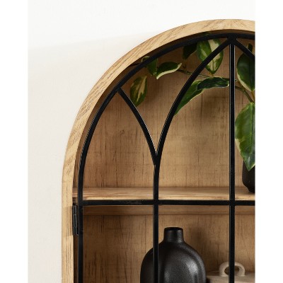 Natural Wood and Black Arched Wall Cabinet with Metal Door