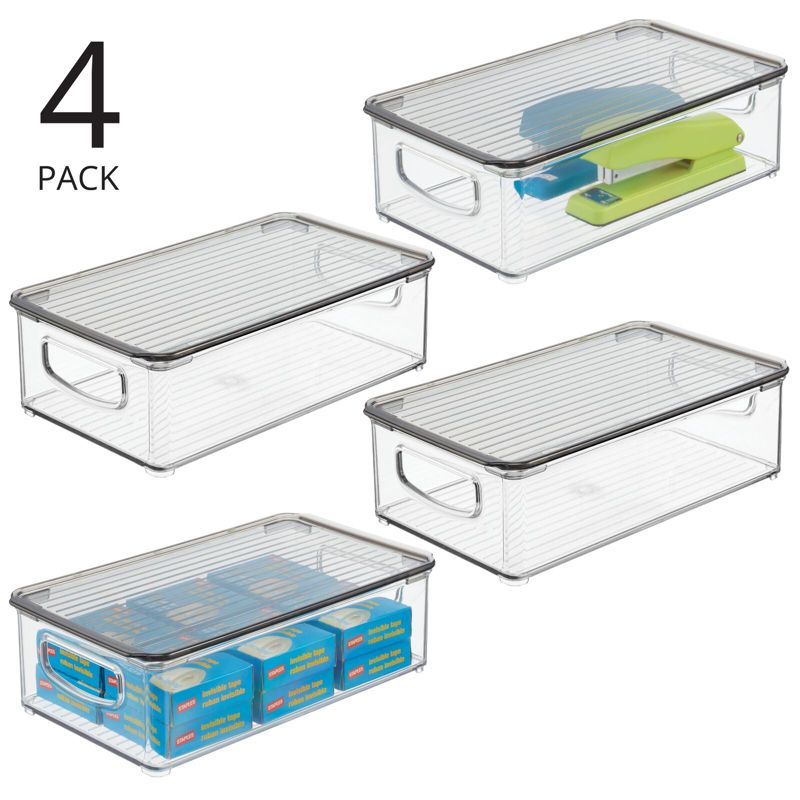 mDesign Plastic Office Storage Bin Box with Lid and Handles, 4 Pack, 2 of 6