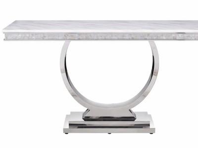 65'' Zander Modern Glamour Sofa Table with White Faux Marble and Mirrored Silver Finish