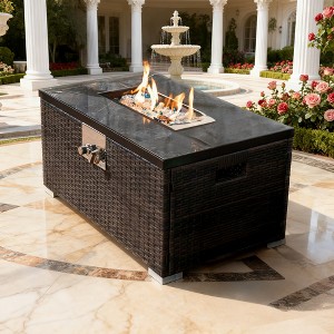 BAOURE 32-inch Brown Rectangular Propane Fire Pit Table, 50,000 BTU Outdoor Gas Fire Pit with Ceramic Tile Top & Wicker Base - 1 of 4
