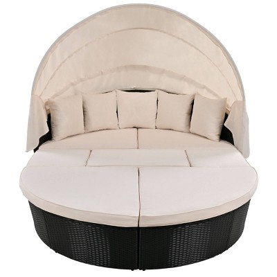 Nestfair Wicker Outdoor Sectional Round Daybed with Retractable Canopy and Washable Cushions Beige
