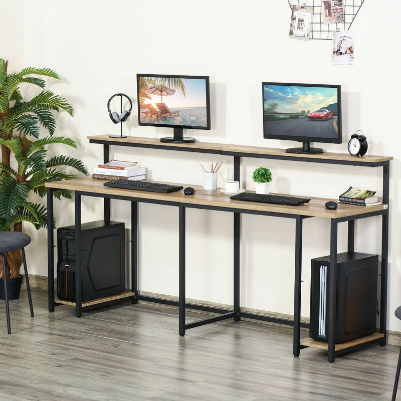 HOMCOM Two Person Home Office Desk with Elevated Monitor Shelf, Bottom CPU Tower Shelf and Large Desktop, Black/Brown, 3 of 11