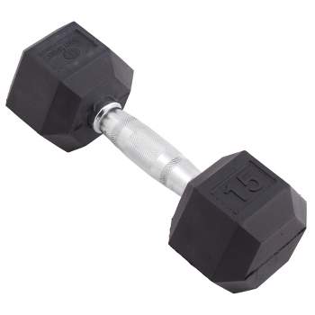 BodySport Rubber Encased Hex Dumbbell Weight, Strength Training Equipment for Home Gym, 15 lb., Black