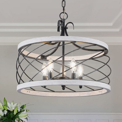 Bella Depot 20" Farmhouse Wood Cage Chandelier Distressed White Kitchen Island Pendant Light with Adjustable Metal Chain