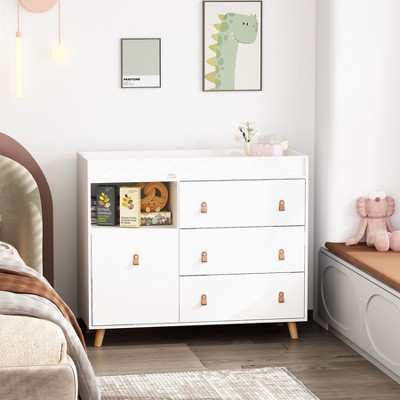 FUFU&GAGA 3-Drawer Baby Changing Table with Safety Strap & Leather Handles  Modern Family Storage Solution for Hassle-Free Parenting