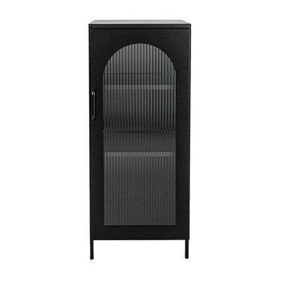 Matte Black Narrow Metal Accent Cabinet with Adjustable Shelves and Arched Glass Door