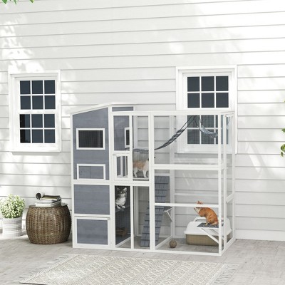 Gray Wooden Outdoor Cat Enclosure with Hammock and Ramps