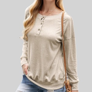 Anna-Kaci Women's Long Sleeve Henley Pullover with Button Detail and Ribbed Cuffs - 1 of 4