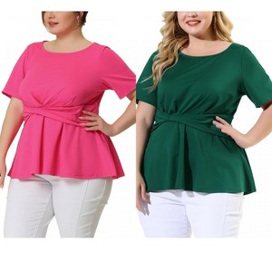 Women's Plus Size 2 Piece Twisted Knot Front Short Sleeves Crew Neck Solid Casual Peplum Blouses - Agnes Orinda - 1 of 4