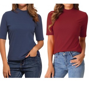 INSPIRE CHIC Women's Half Sleeve Casual Turtleneck Solid Elastic Soft T-Shirts 2 Packs - 1 of 4