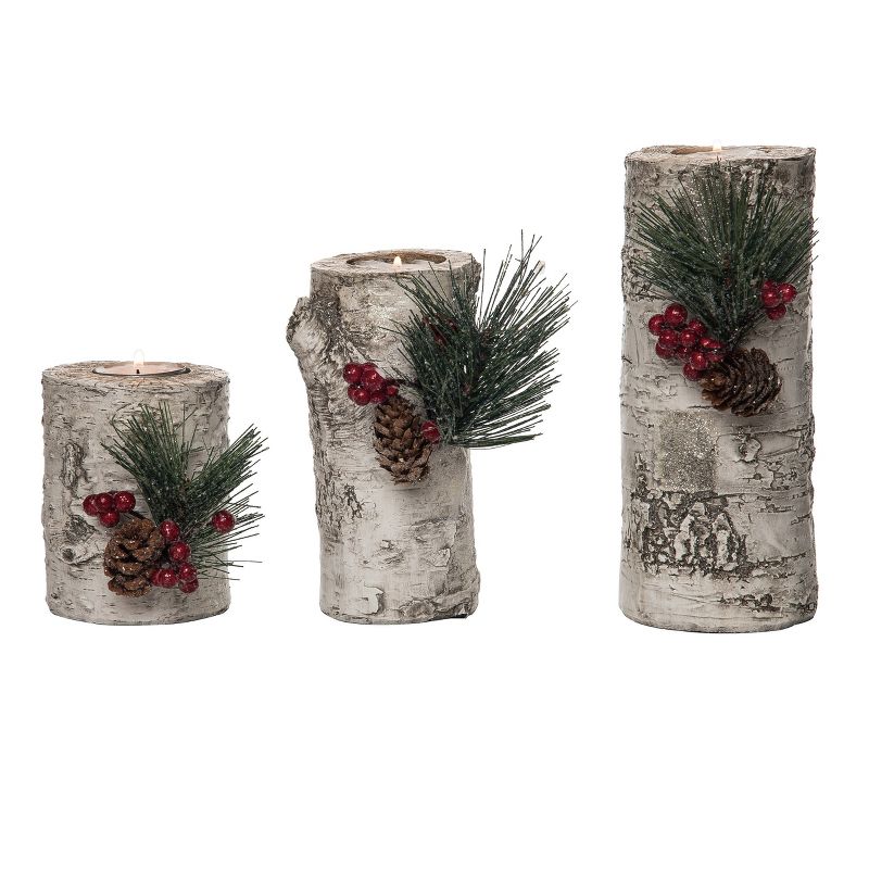 Transpac Resin 7.75 in. Multicolored Christmas Birch Tealight Holders Set of 3, 1 of 2