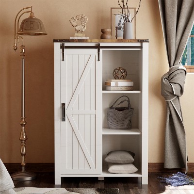 SinCiDo Farmhouse Modern 5 Drawer Tall Dresser w/Sliding Barn Door, Storage Organizer Dresser for Bedroom, Living Room & Kids Room