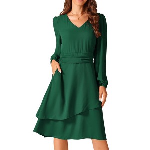 Seta T Women's Long Sleeve V Neck High Waist Layered Swing Casual Dress with Pockets - 1 of 4