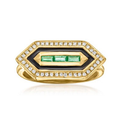 Ross-Simons 0.20 ct. t.w. Emerald and .10 ct. t.w. White Topaz Art Deco-Style Ring With Black Enamel in 18kt Gold Over Sterling Size 7