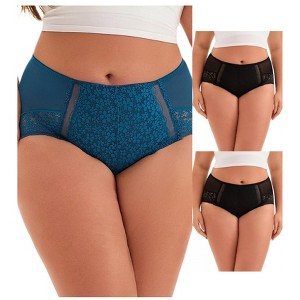 INSPIRE CHIC Women's Curve Size 3-Pack Lace Trim High Rise Solid Briefs Full Coverage Mesh Back Underwear - 1 of 4