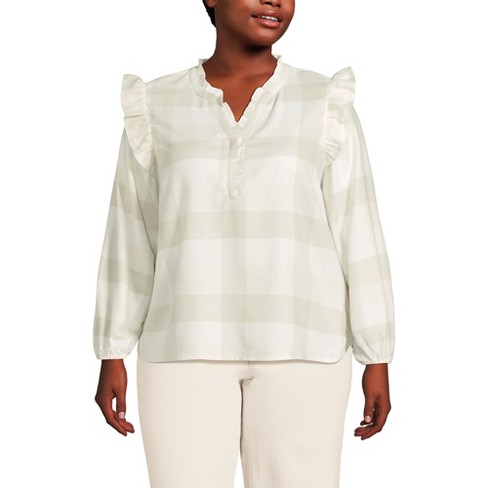 Lands End Women s Plus Size Ruffle Front Flannel Popover Blouse 2x Ivory portobello Check Target