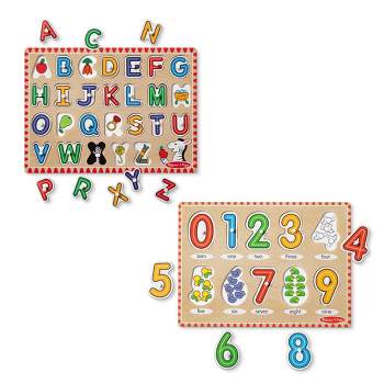 Melissa & Doug Wooden Lift & See Peg Puzzle 2pk - Alphabet, Numbers
