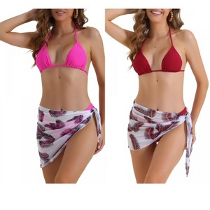 INSPIRE CHIC Women's Triangle Halter High Cut Thong Leaf Print Cover Up Skirt Swimwear Bathing Bikini Suits 2 Sets - 1 of 4