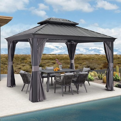 PURPLE LEAF Outdoor Gazebo Aluminum Frame Galvanized Steel Double Roof Patio Hardtop Gazebo with Curtains and Netting for Patio Lawn and Garden
