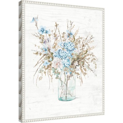 Blue Flowers in Glass Vase with White Beaded Frame Canvas Wall Art