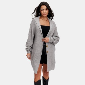 Knit & Lounge Women’s Button Front Cardigan Sweater Dress Sailor Collar Long Sleeve Relaxed Fit Ribbed - 1 of 4