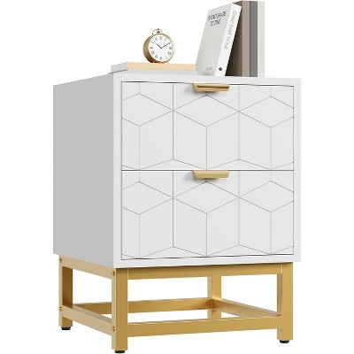 White Modern Nightstand with 2 Drawers - Bedside Table with Gold Metal Legs & Handles for Bedroom, Living Room or Entryway Storage