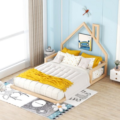 1 Full Floor Bed Frame, Solid Wood House-Shaped Headboard for Kids or Teens Bedroom, No Box Spring Needed - Baofuwish