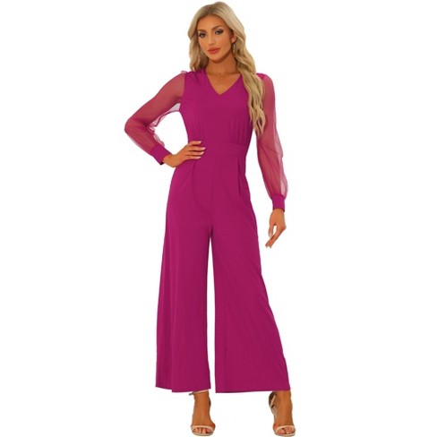 Unique Bargains Women's Elegant Jumpsuit Square Neck Long Sleeve Wide Leg  Long Pants Dressy Romper