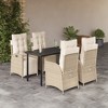 vidaXL 5 Piece Patio Dining Set with Cushions - Beige Poly Rattan Reclining Garden Chairs and Glass Table for Outdoor, Backyard, Patio, Deck Furniture - 2 of 4