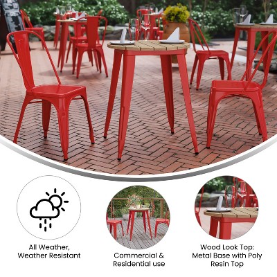 24" Round Brown Poly Resin Top Red Steel Base Dining Table