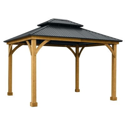 Aoodor Patio Solid Wooden Gazebo 10 x 12.36 ft. Hardtop Roof 2 - Tier for Garden