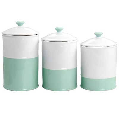 Gibson Stoneware Canister and Lid 3 Piece Set in Mint and White