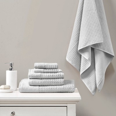 6Pcs 100% Cotton Solid Color Bath Towel Set, Anti-Microbial Certified Waffle Jacquard Quick Dry Bath Towel
